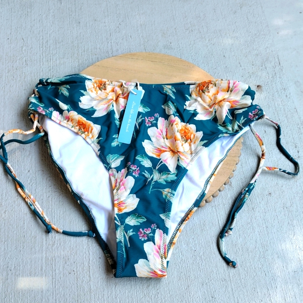 Teal with Peach Floral Print Peony Flowers Swim Bottoms L